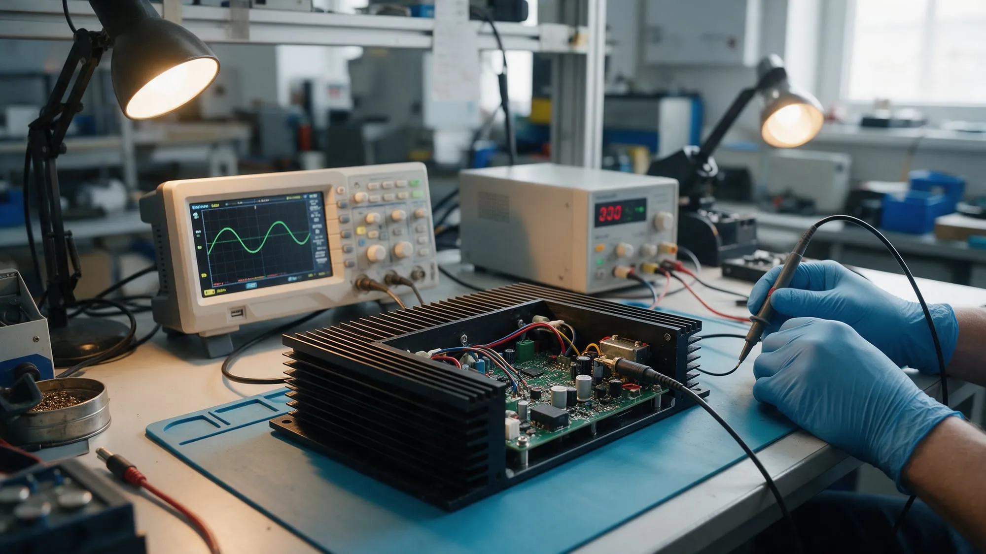 Amplifier module with a large heat sink on a test bench next to an oscilloscope and a bench power supply