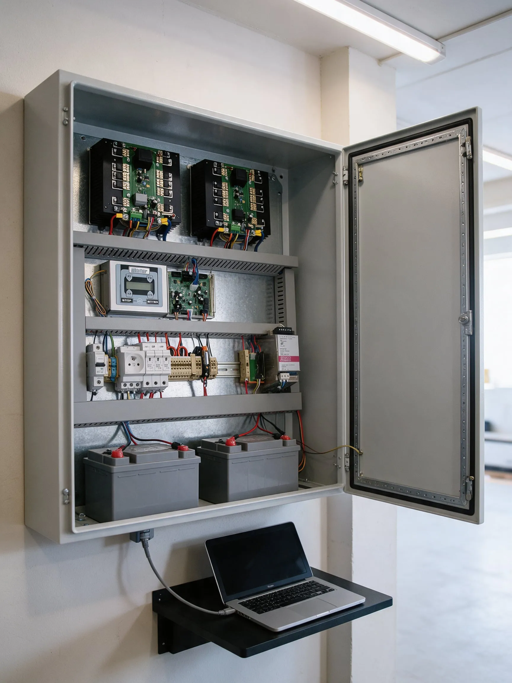 Open eRotor cabinet on a wall with amplifiers, control unit, terminal blocks and two 12 V batteries, a laptop connected by a serial cable