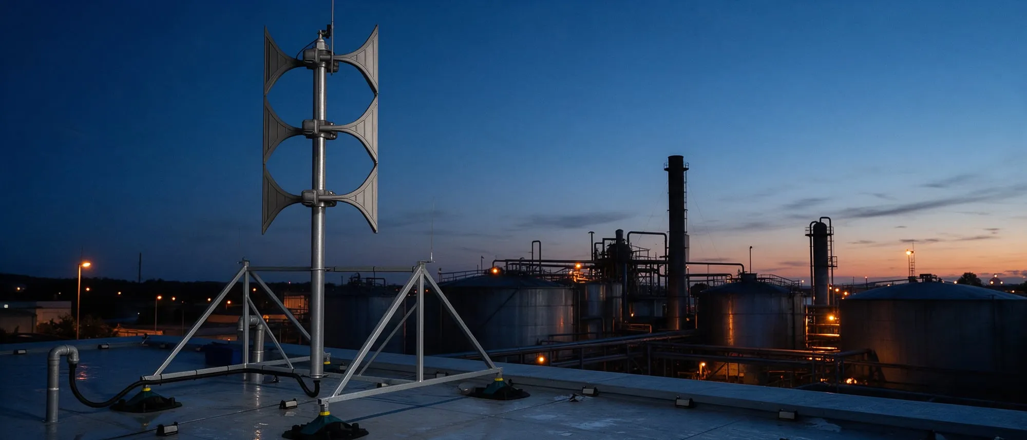 eRotor siren mast on an industrial plant rooftop at blue hour, tanks and a chimney behind