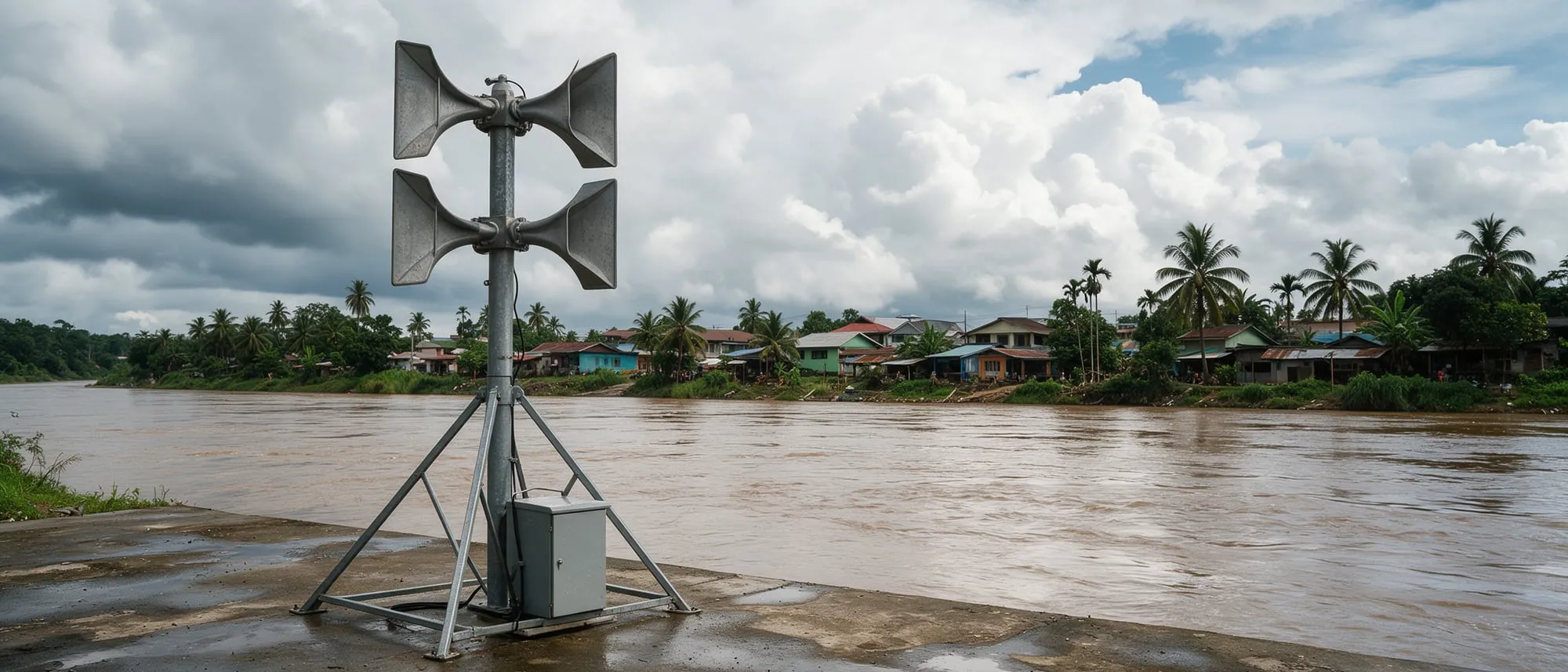 eRotor siren mast and equipment cabinet on a concrete river embankment in the tropics under monsoon clouds
