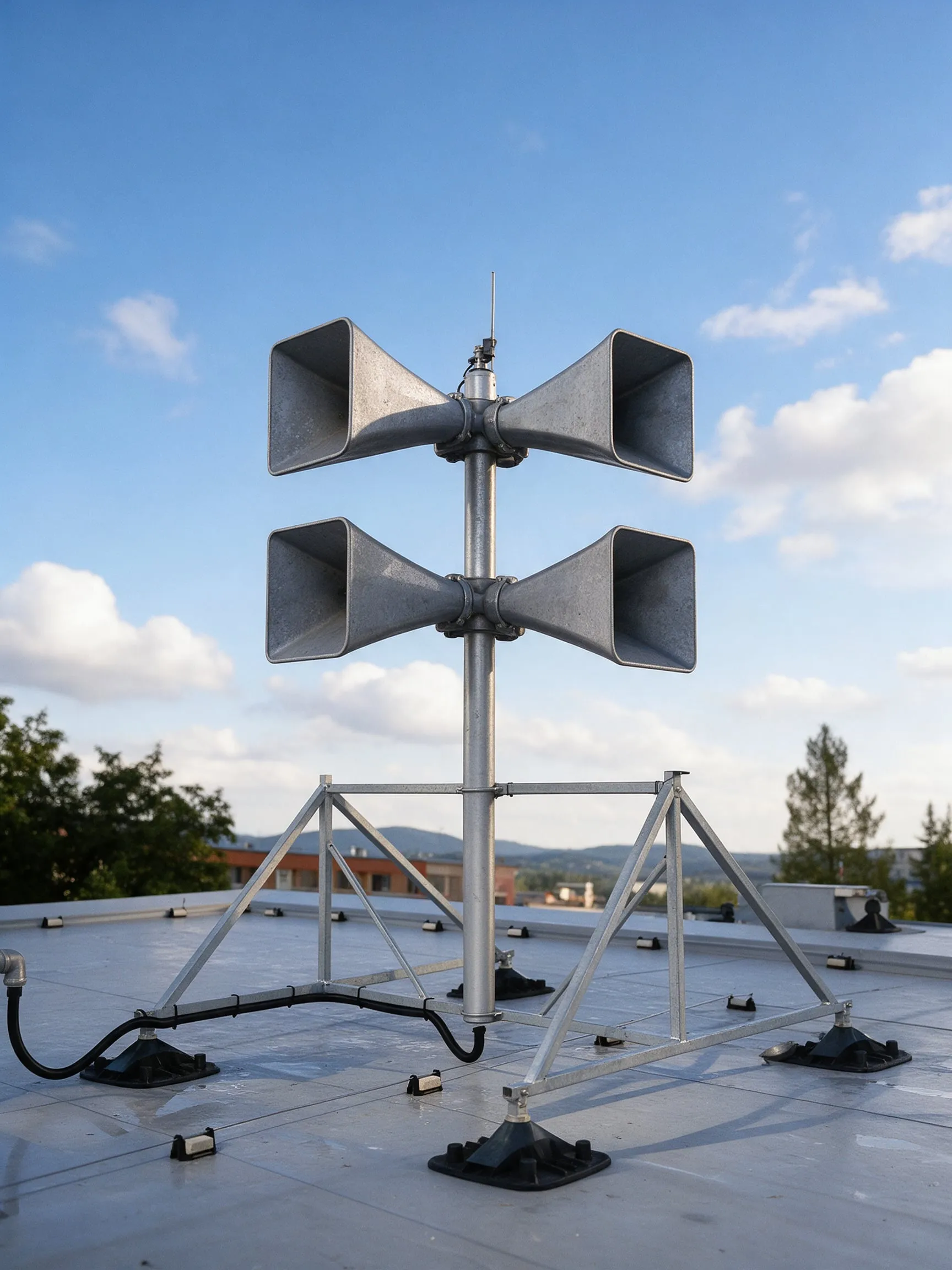 eRotor siren mast with two pairs of cast aluminium horns on a galvanised rooftop frame, seen from below against a blue sky