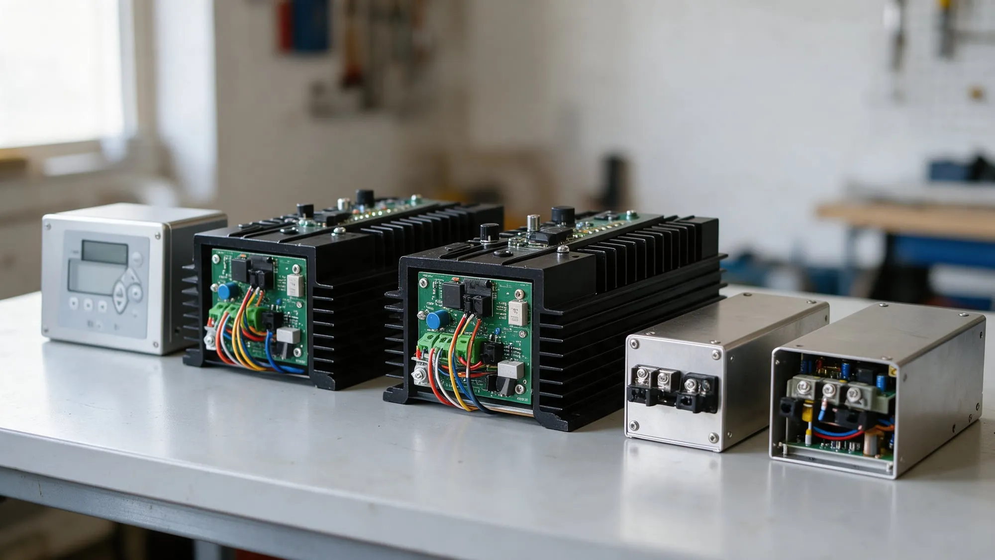 eRotor modules on a workshop bench: control unit with keypad and display, two amplifiers with heat sinks, power supply and battery charger