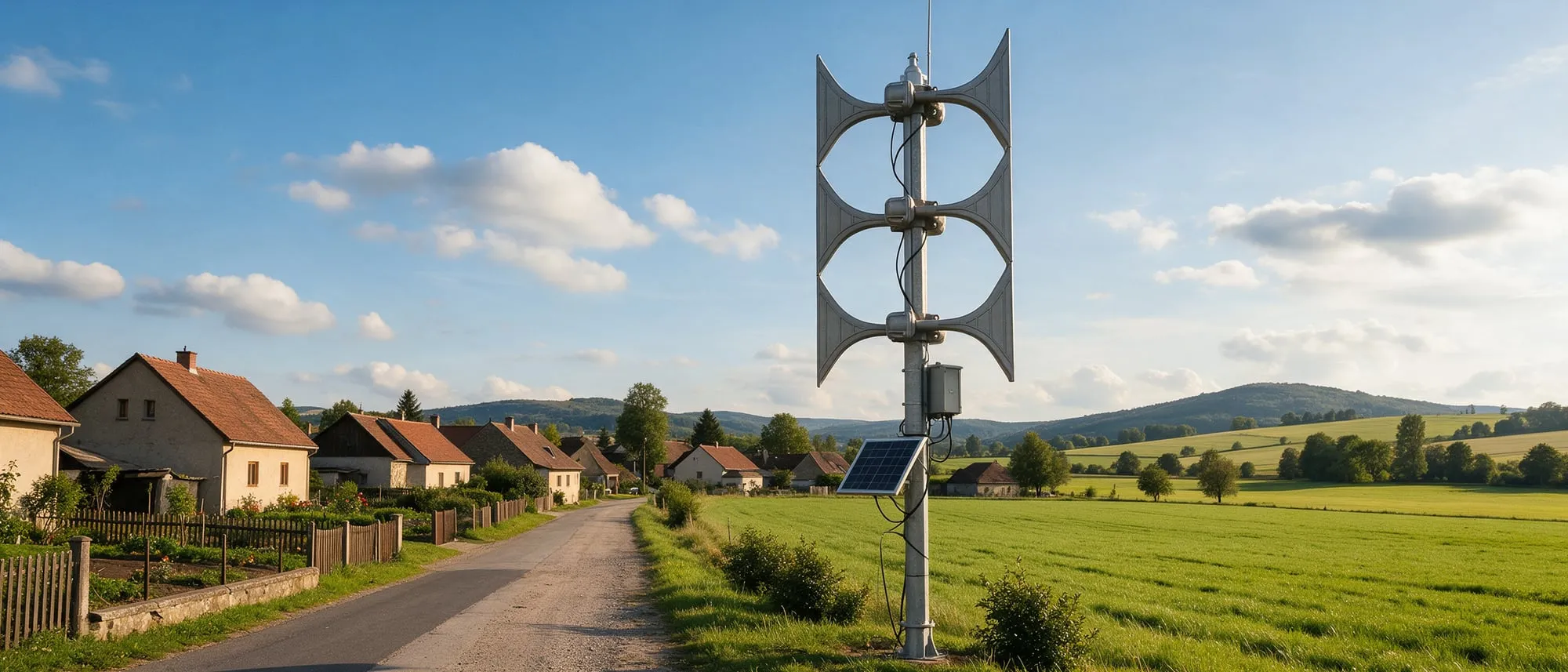 eRotor siren on a mast with a small solar panel and cabinet beside a village road