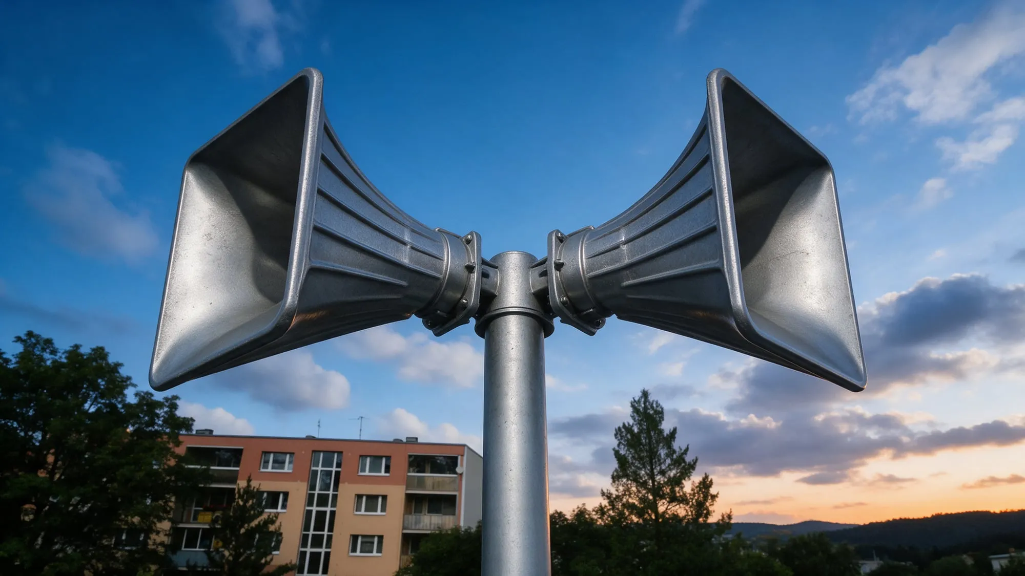 Two cast aluminium eRotor horns pointing in opposite directions on a steel mast, seen from below at dusk