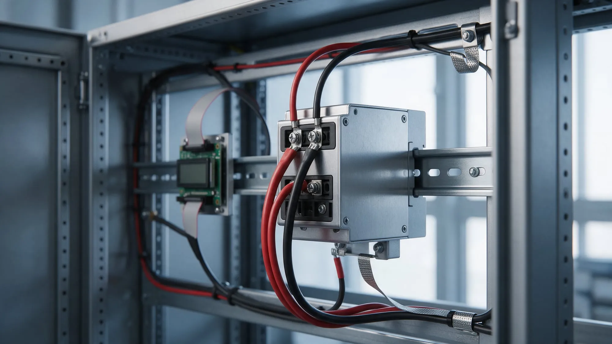 Power supply module with heavy red and black cables mounted on a DIN rail apart from the control unit inside a cabinet