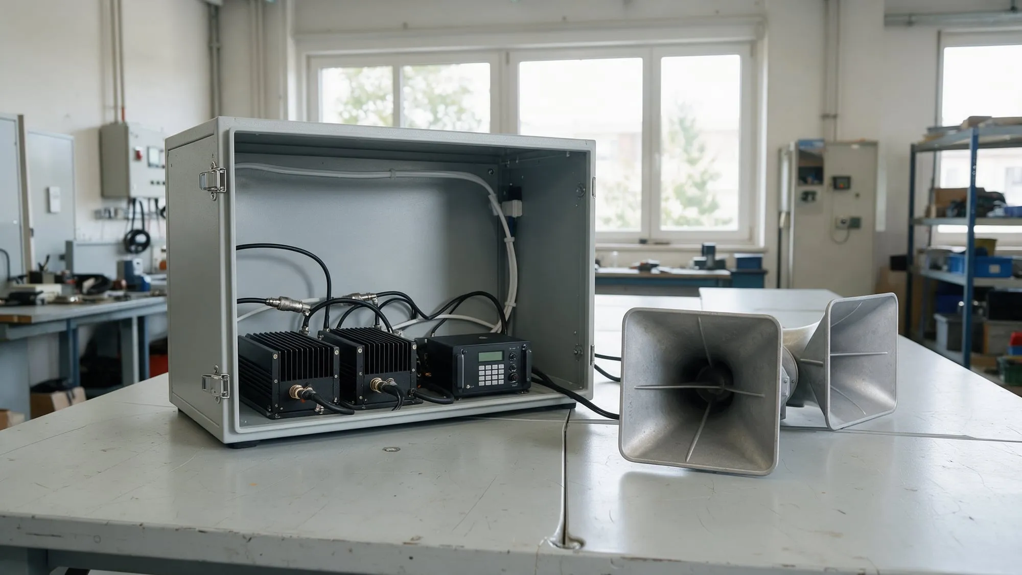 eRotor Siren Kit on a workshop table: open cabinet with plug-connected modules and two cast aluminium horns