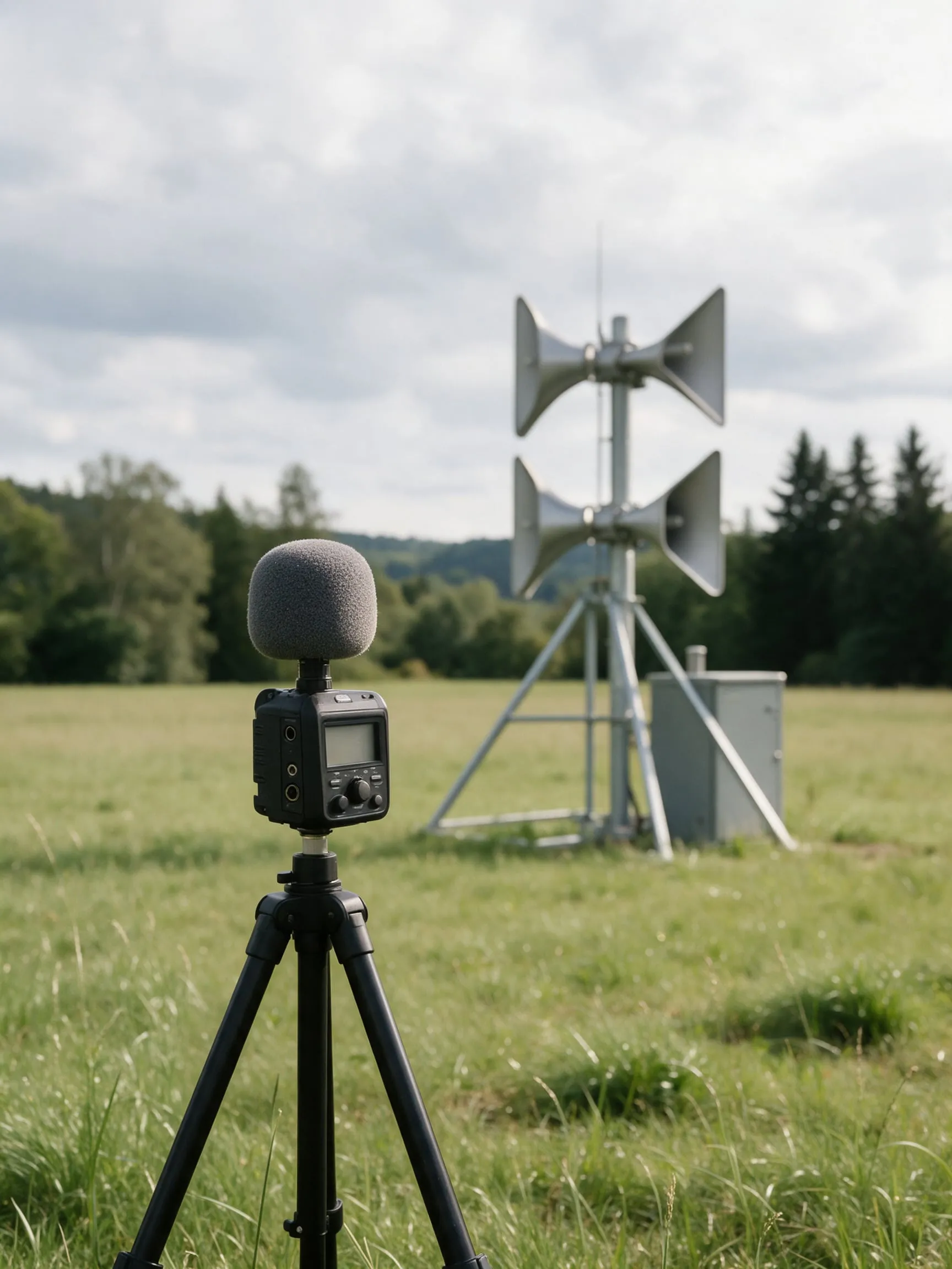 Sound level meter on a tripod in a field, an eRotor siren mast and its cabinet in the background