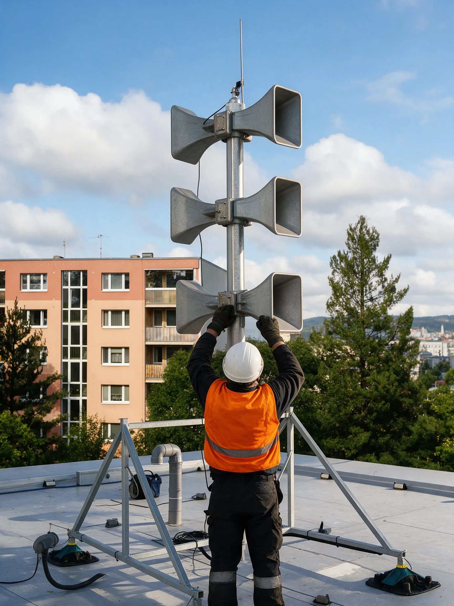 Technician in a safety helmet, seen from behind, tightening a horn clamp on an eRotor mast on a city rooftop